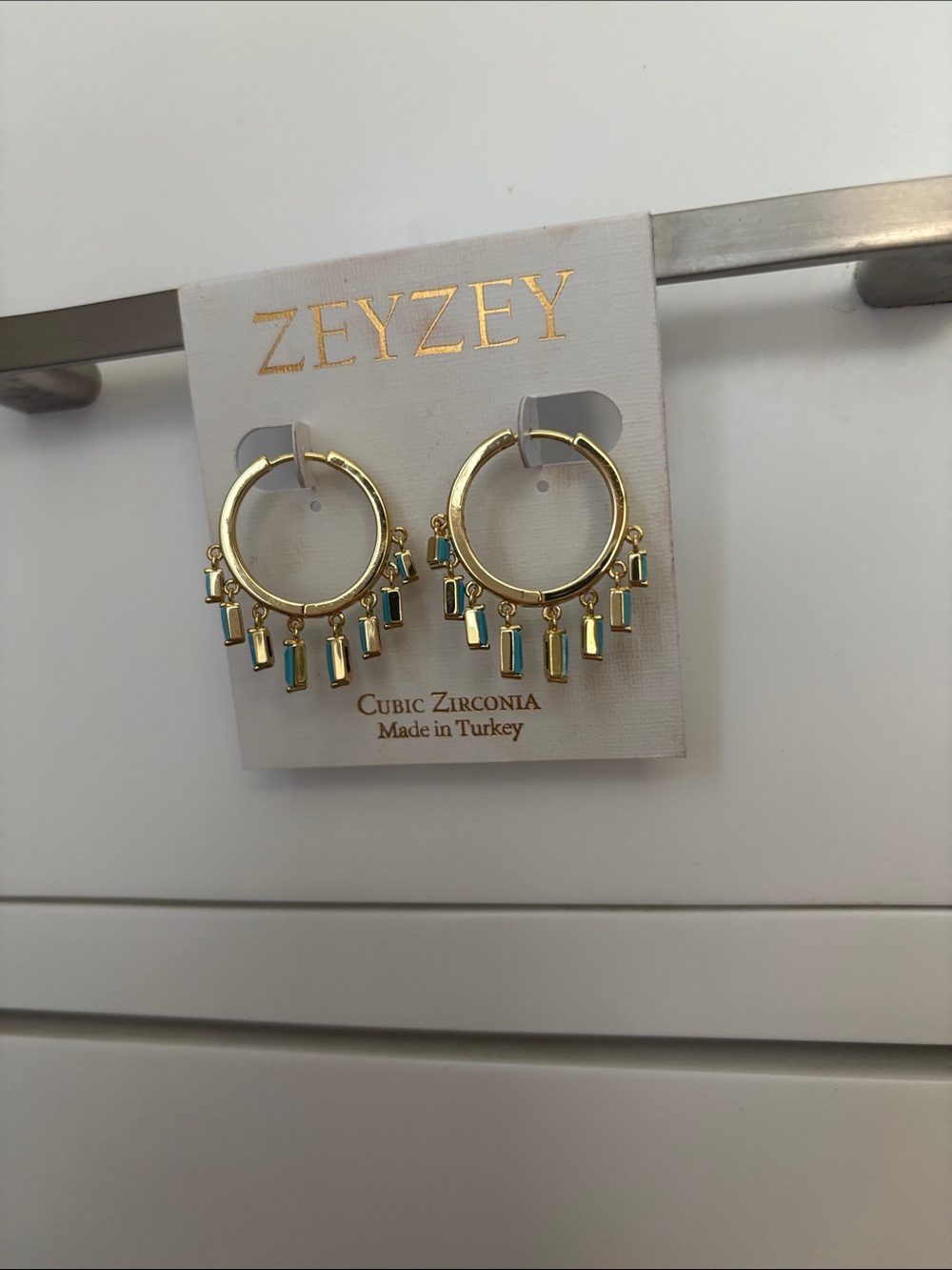 Gold Hoop Earrings with Aqua Cubic Zirconia Drops